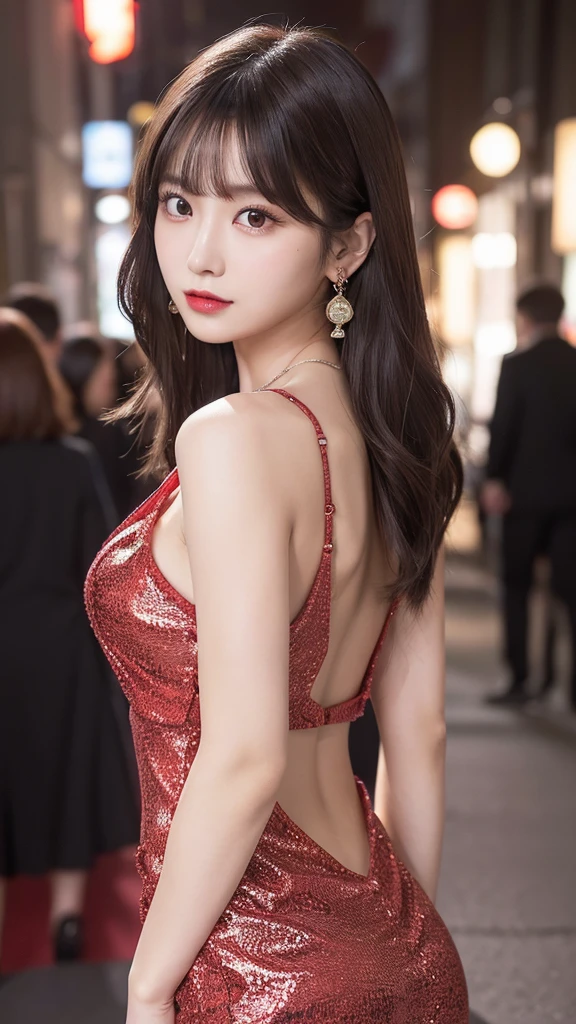 1 female, Beautiful Japanese actresses, Age 25, Double Eye,mile, Detailed face, Big earrings，Large Necklace, Flashy makeup using red eyeshadow，Light brown delicate mid-cut hair，The ends of the hair are wavy，Classy hairstyle，fine grain,Slender actress, Small hips, Side Bust Barbosa),Butt crack, Bare waist, Bare back:1.3),Sexy silk embroidered mermaid dress:1.2), Cutting long black hair, ceremony, Red carpet, Official Art，Highly detailed CG Unity 8k wallpaper, (masterpiece:1.0),(Best Quality:1.0), photo shoot, 8k, Browse with caution, High resolution, Kodak Portrait 400, Film Grain, Lens flare glow,Show Viewer