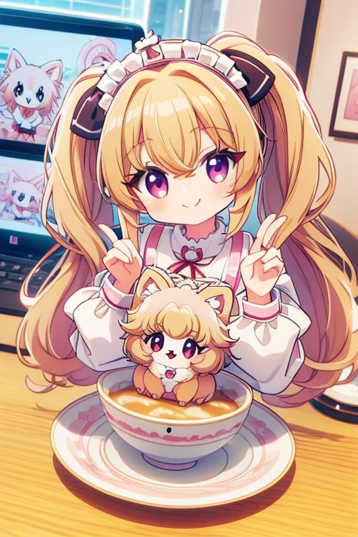 Highest quality,masterpiece,dogcafe,Girl clerk,Maid clothes,(German Spitz1.1,Pomeranian,Multiple small dogs 1.3),Anime Style,cute,Twin tail hair,Smiling with hands up,