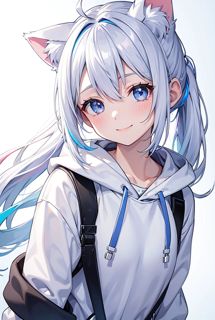 White background、No background needed、真っWhite background、1 girl、Looking at smartphone、Looks so happy、Very bright expression、Street Fashion、bangs、Bare shoulders、Silver Hair、(colorful、abstract、Multicolored Hair:1.2)、Light blue eyes、Silver Hair、smile、ponytail、Hair tied on top of head、Cat ears、Cat ears、Cyberpunk、BIG hoodie、Background is white、No background