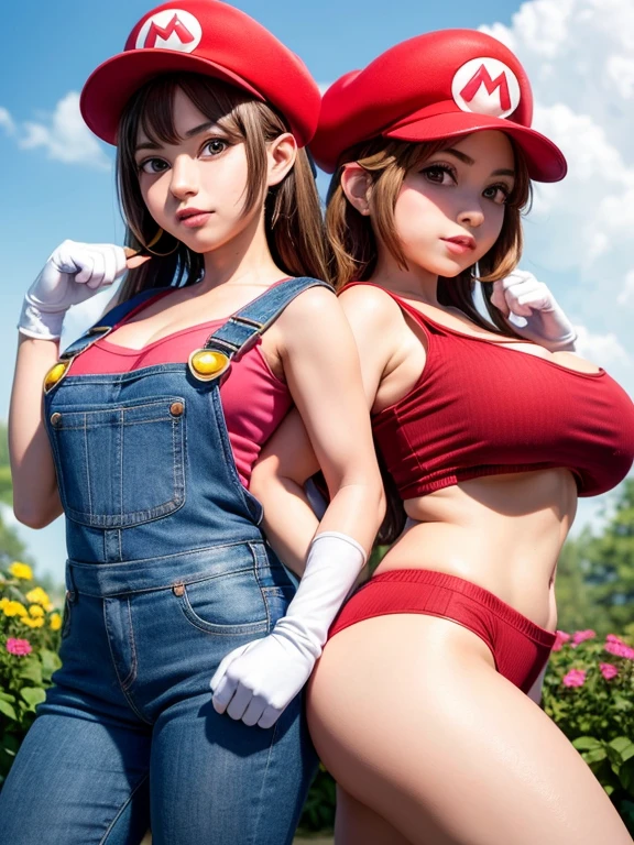 1 girl, (girl cosplaying as Mario, a girl dressed as Mario has brown short bob hair and Brown big eyes:1.4, super cute slightly round face, is wearing Mario's red Casquette, a red shirt, blue overalls, and white gloves), (fake moustaches:1.4, leaning forward to emphasize their Big breasts:1.2), background is the pink Mushroom Kingdom, ((masterpiece, best quality, high resolution))