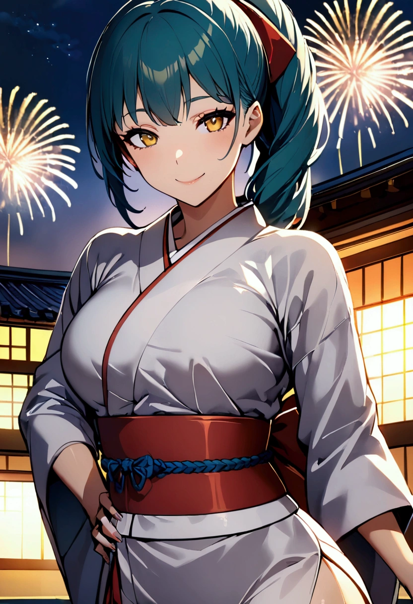 1 girl milf , solo , teal blue ponytail hair ,  yellow lihgt eyes , hot body , At a firework celebration in traditional Japanese dress on a building while fireworks are exploding in the sky, he looks at the viewer and smiles, his yellow eyes are shining.