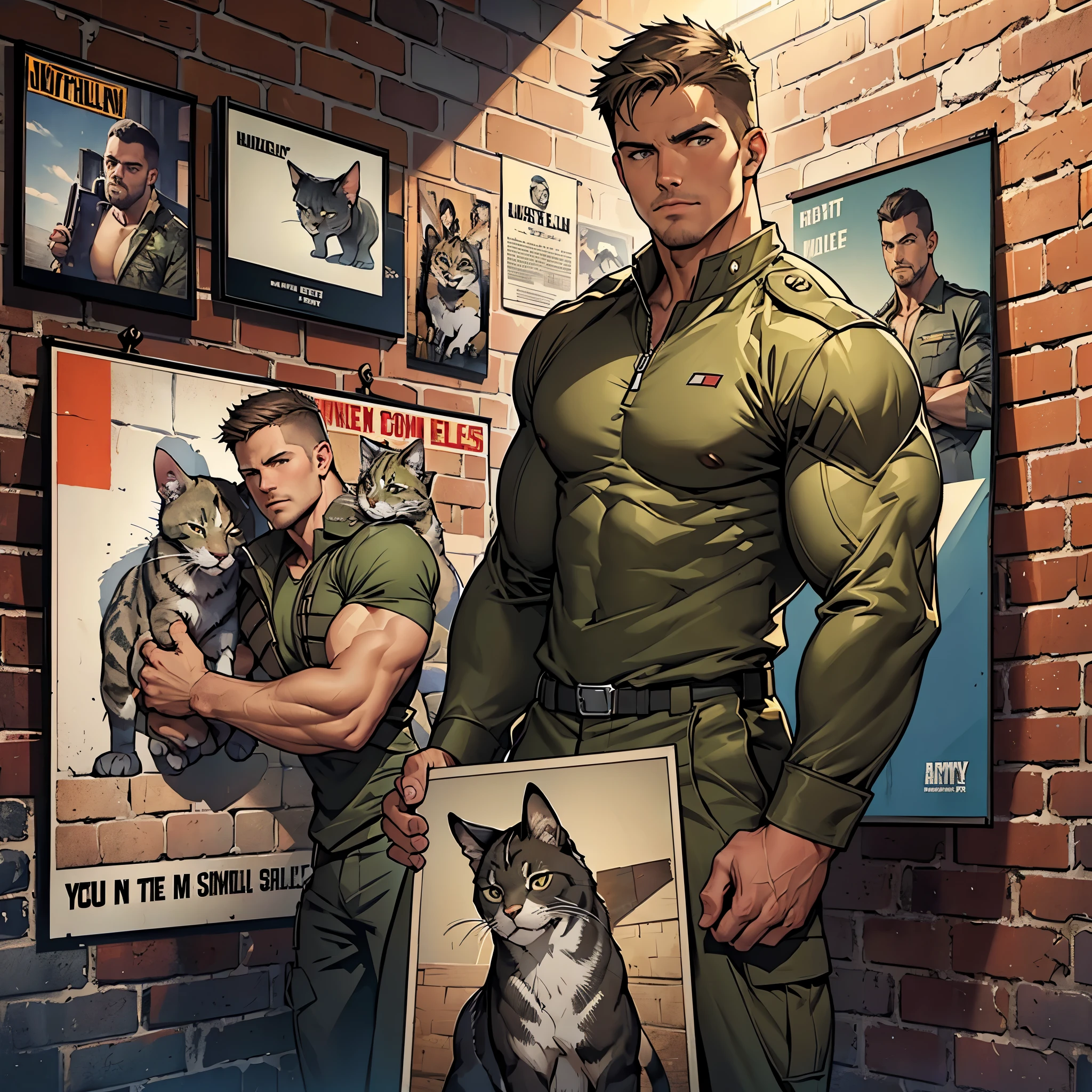 32k, high quality , detailed face , detailed hands , detailed muscles , stephen amell standing and  posing  as a military man ,standing with spread legs, showing his muscles  HOLDING A CAT IN HIS HANDS, ((background brick wall with lot of army posters ))