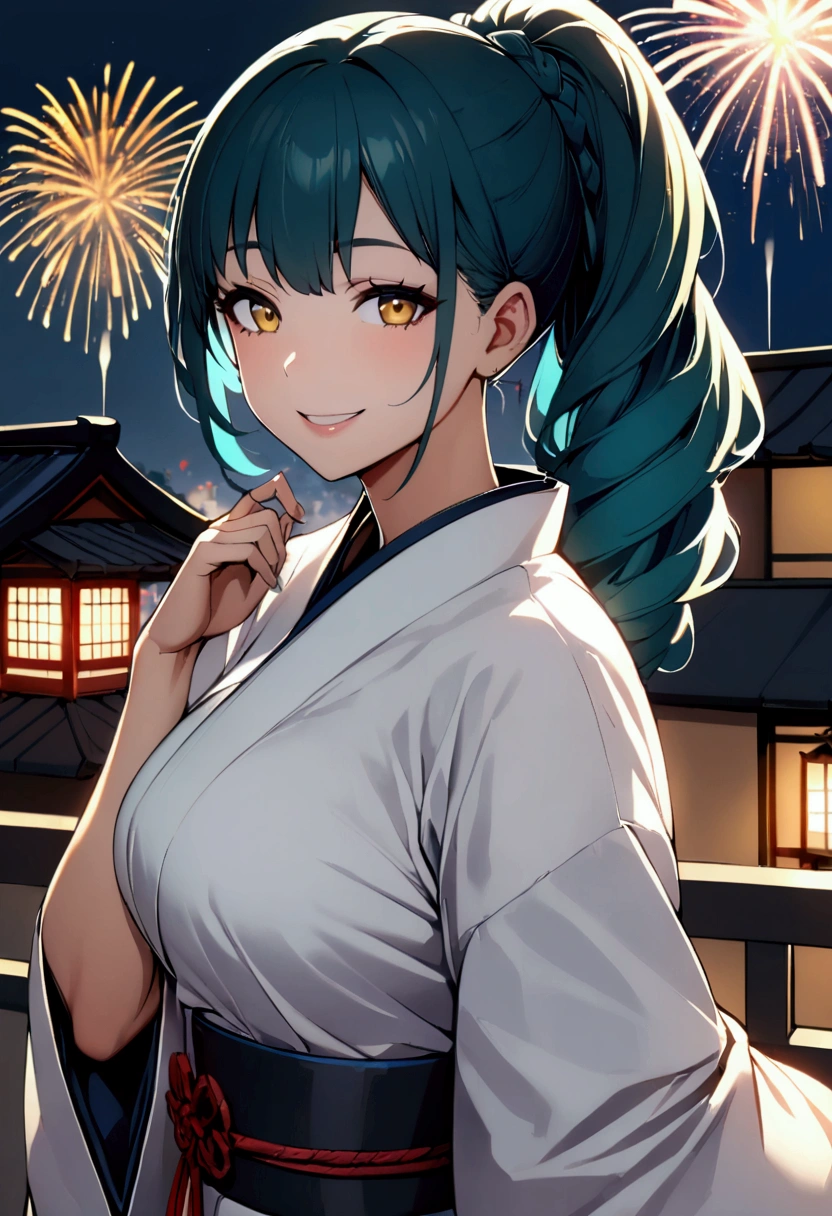 1 girl milf , solo , teal blue ponytail hair ,  yellow lihgt eyes , hot body , At a firework celebration in traditional Japanese dress on a building while fireworks are exploding in the sky, he looks at the viewer and smiles, his yellow eyes are shining.