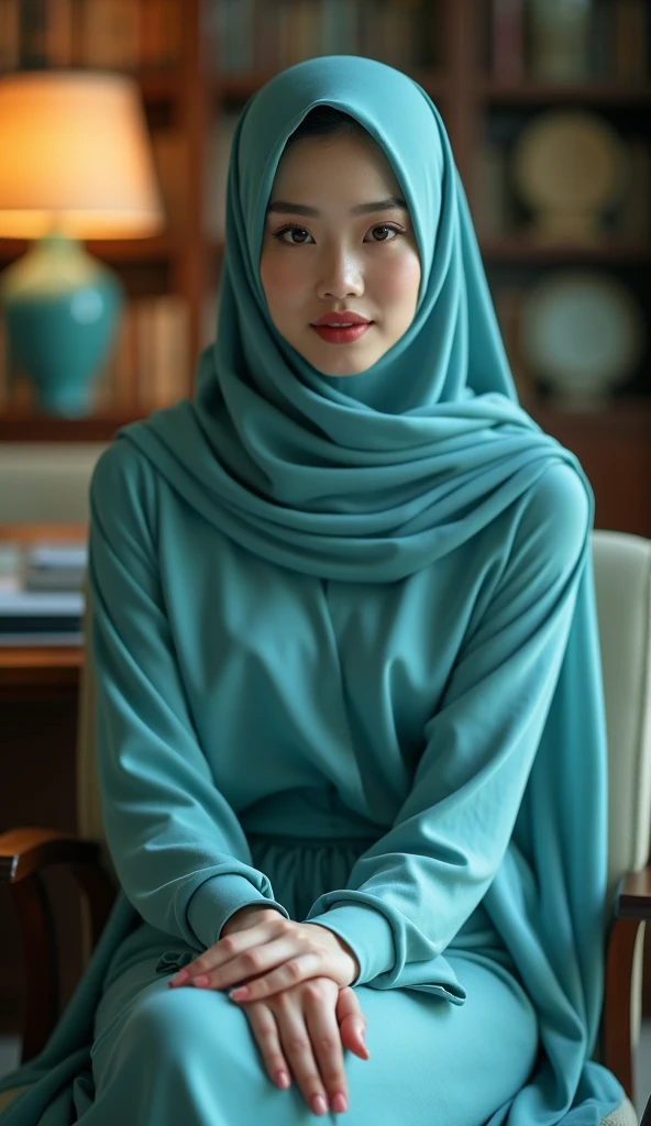  indonensian gir wear hijab, look at the viewer, realistic photograpy, sit on sofa in the decorative indoor studio,  cinematic, hyper realistic, super detail, HD 8K. 