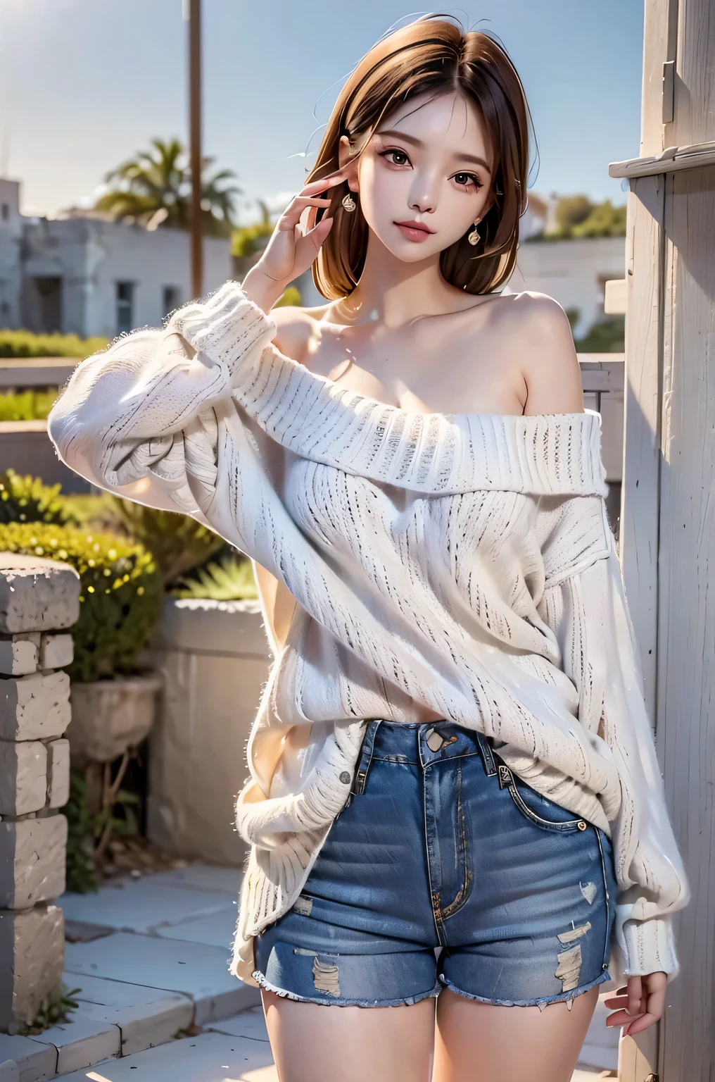 masterpiece, highquality. 1girl, off shoulder knit sweater, short pants, background:ruins, cool lady, cool face, put her hair over her ear with her left hand