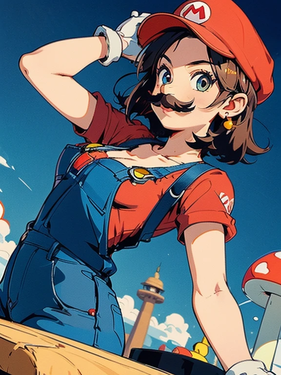 1 girl, (girl cosplaying as Mario, a girl dressed as Mario has brown short bob hair and Brown big eyes:1.4, super cute slightly round face, is wearing Mario's red Casquette, a red shirt, blue overalls, and white gloves), (fake moustaches:1.4, leaning forward to emphasize their Big breasts:1.2), background is the pink Mushroom Kingdom, ((masterpiece, best quality, high resolution))