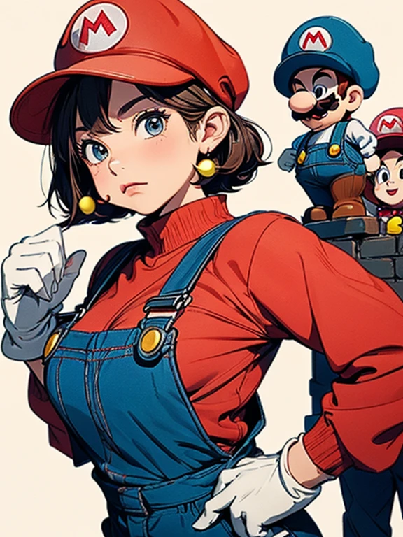 1 girl, (girl cosplaying as Mario, a girl dressed as Mario has brown short bob hair and Brown big eyes:1.4, super cute slightly round face, is wearing Mario's red Casquette, a red shirt, blue overalls, and white gloves), (fake moustaches:1.4, leaning forward to emphasize their Big breasts:1.2), background is the pink Mushroom Kingdom, ((masterpiece, best quality, high resolution))