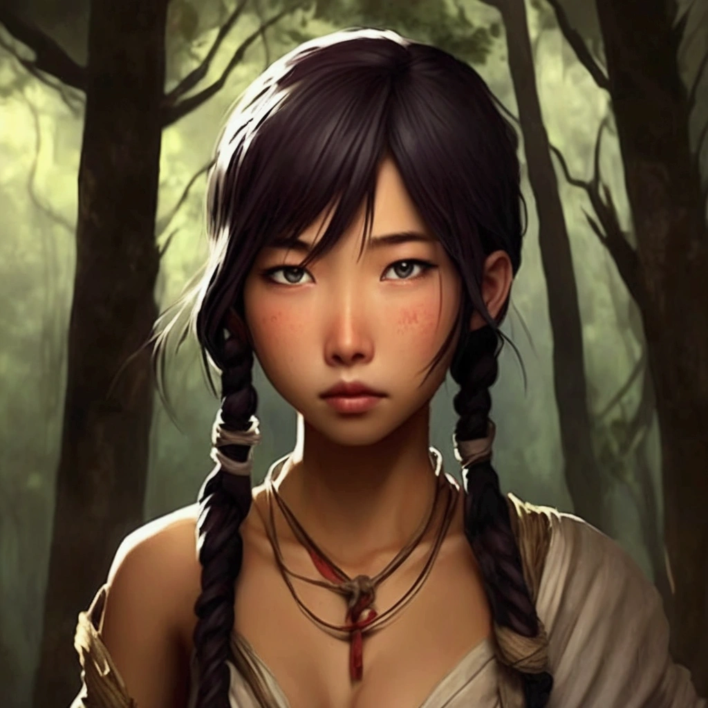 a cute yuna (age 25, small torn outfit, battered and a little bruised) has been captured by head a tribe of cannibals, several (dark, strong, tribesmen) carry yuna (who is tied and bound) through the forest back to their village, damsel peril, damsel in distress
