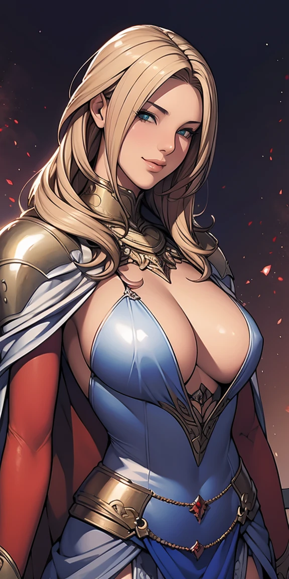 A 20-year-old woman with a large chest, wearing red armor, blue eyes, beautiful European, blonde hair, draped in a silver cloak, looking straight ahead, smiling, holding a long sword.