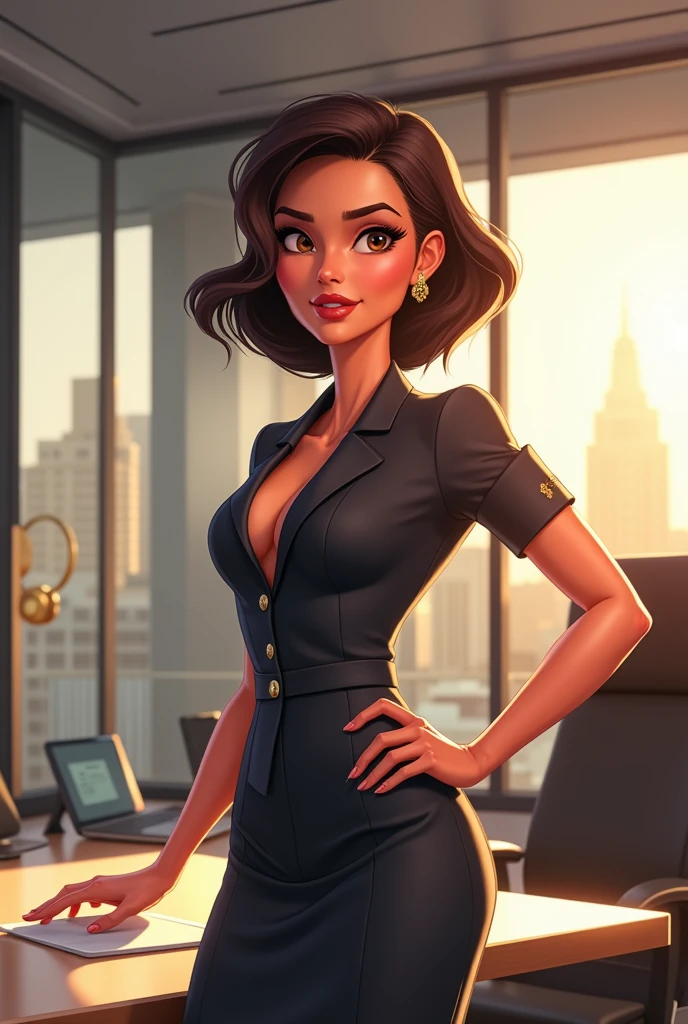 Beautiful woman with short curly dark hair with a bob cut with brown eyes wearing a Mock Neck Cut Out Dress, Sexy Criss Cross Mock Neck Sleeveless Dress, luxurious jewelry, 18k gold wedding ring on left hand, standing in an office room at sunset carrying a luxurious wallet (red lipstick),(elegant mascara),(muscular body with abs),(big breasts) midjourney, <lora:GoodHands-, <lora:GoodLegs-, UHD, high resolution, (masterpiece:1.1, best quality), (expressive eyes, perfect face, full body, expressive face, perfect body, athletic, fit, slim body, blushing, Perfect makeup, eyeliner, beautiful eyelashes, smiling, horny face), ((best illumination, best shadows))