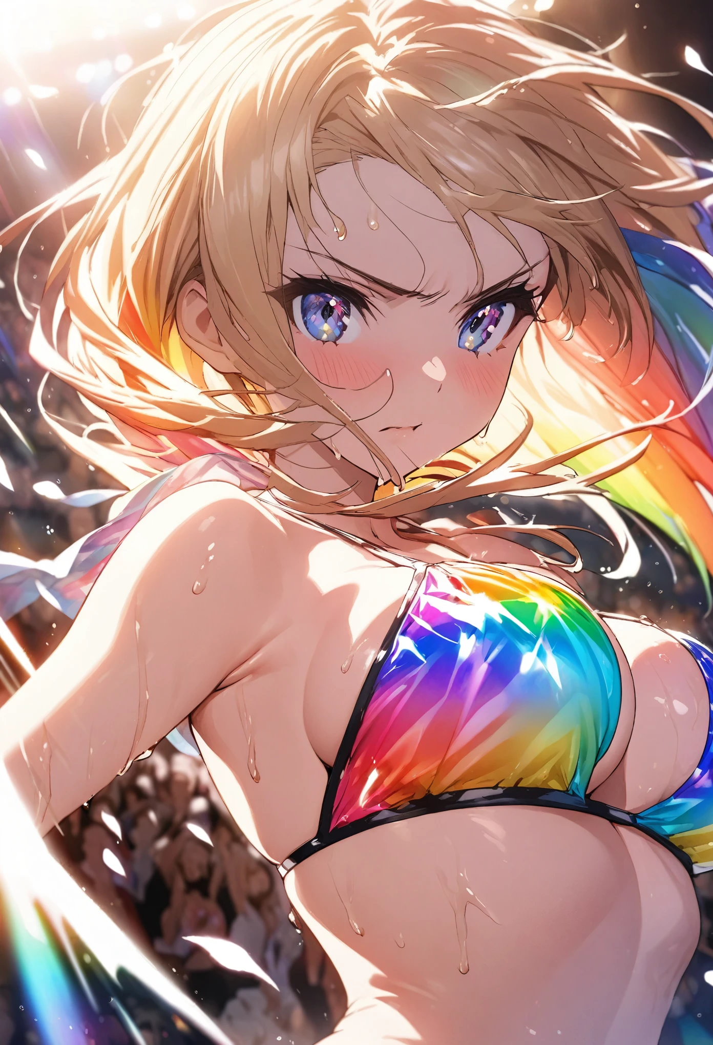 Highest quality, Great quality, 16K, Unbelievably absurd, Very detailed, delicate and dynamic, Natural light, The particles reflect light, Diffuse reflection of light, Many rainbow-colored petals fall, Beautiful beach, Sparkling Sun, Diffuse reflection of light, Create amazing image effects, , Wet, sweating, Close-up(Cute sexy girl, big bouncing busts, Sensual expression, Cool girl, Serious, passion, Dynamic, Flashy bikini, audience , much-air-laden cheer)