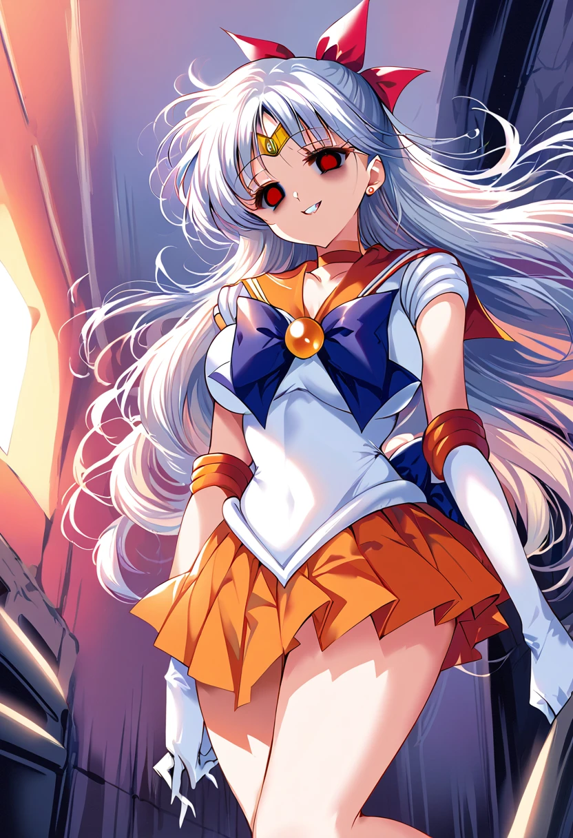 (masterpiece, Highest quality, so beautiful, Very detailed), Intricate details, 12k, Honestly,Awe-inspiring, Long Hair, bionde, Hair Ribbon, tiara, Earrings, blue eyes, Orange Choker, Orange sailor collar, Blue ribbon, White shirt, Elbow hand pockets, White gloves, Pleated skirt, Orange Skirt, barefoot, Are standing, full body,,(Wicked Smile:1.2), One person,(Silver Hair:1.4),(empty eyes,:1.4),From below,Watching the dawn,Dark aura,View your audience,(red eyes:1.2),Big Breasts,Firm breasts