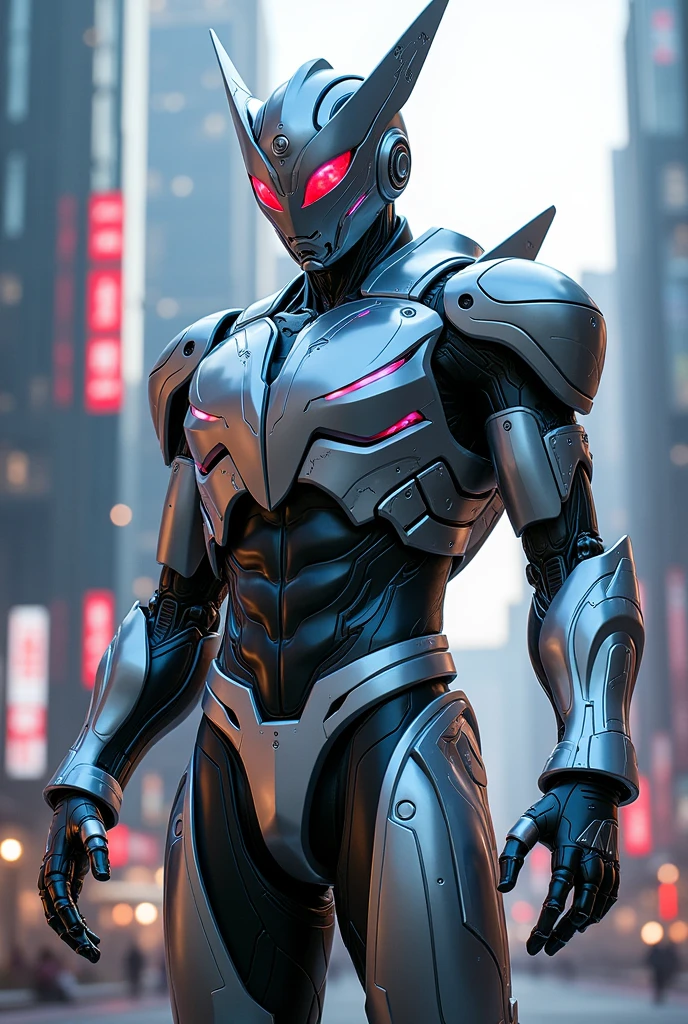 (masterpiece, super-delicate, high resolution), male focus, (((Mobile Ultraman))), (((Mecha))), (his head is tapered, his body is made of red and silver, his arms are mechanized, his body presents a strong mechanical feeling, there are obvious dividing lines between the parts, making the whole look very complex, the overall shape is complex and mechanized), (((Straddle posture))), pose for photos, high angle, dark night, city ruins, Background details, (((whole body))), (((sense of giganty))