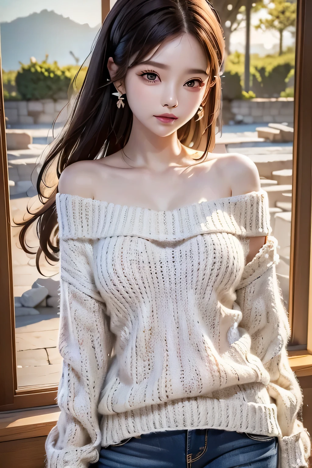 masterpiece, highquality. 1girl, off shoulder knit sweater, short pants, background:ruins, cool lady, cool face, put her hair over her ear with her left hand
