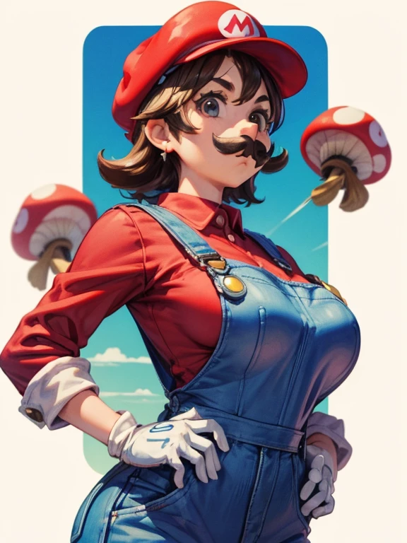 1 girl, (girl cosplaying as Mario, a girl dressed as Mario has brown short bob hair and Brown big eyes:1.4, super cute slightly round face, is wearing Mario's red Casquette, a red shirt, blue overalls, and white gloves), (fake moustaches:1.4, leaning forward to emphasize their Big breasts:1.2), background is the pink Mushroom Kingdom, ((masterpiece, best quality, high resolution))