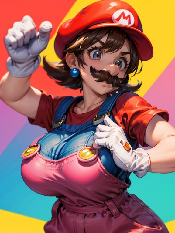 1 girl, (girl cosplaying as Mario, a girl dressed as Mario has brown short bob hair and Brown big eyes:1.4, super cute slightly round face, is wearing Mario's red Casquette, a red shirt, blue overalls, and white gloves), (fake moustaches:1.4, leaning forward to emphasize their Big breasts:1.2), background is the pink Mushroom Kingdom, ((masterpiece, best quality, high resolution))