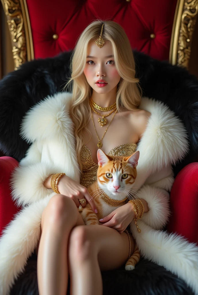 HD, high quality, sexy cute woman, asian, young, korean student,10years old, super young and rich, face of young ???, realistic, real,8k, clean, teenager woman with blonde gorgeouslong hair,little curved hair, pale skin, her face is also very beautiful and looks mature. sexy, She has a fit body. pink fur balnket on her leg, wearing huge white fur coat, real fur, fur HD, fluffy fur, big mink fur hat, fur coat covering all the body, wearing big fur hat, sitting on golden throne on the fur mug,wearing brown fur brassiere, red velvet throne, 6 gold necklaces, princess handsome, petting cat, cat has gold necklace, cat with gold, gorgeous face, she has slim body,wearing huge white fur coat, many jewelry, alots of gold jewelry, every finger has golden rings, 10 golden huge giant rings, her sexy leg , she wearing fur slippers, holding a whip, super huge titties, big hips, brown fur brassiere, pink fur balnket on her leg