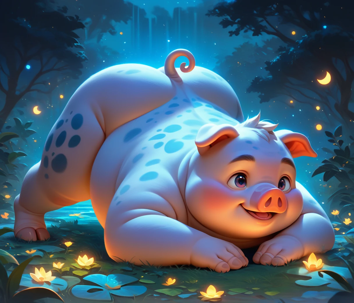 (cute, fat, obese, anthro, male, pig), fullbody, nude, (purple briefs, purple eyes), bioluminescent waterfalls cascading, intertwine with mystical forest, sky swirls with galaxies, constellations ethereal in nature, rich color palette, glowing elements highlight forest flora and fauna, stars shimmer, celestial phenomena, artwork infused with fantasy, dreamlike atmosphere, natural light, hires textures, highly detailed, intricate details, best quality, masterpiece, bright lighting, detailxl, zPDXL2