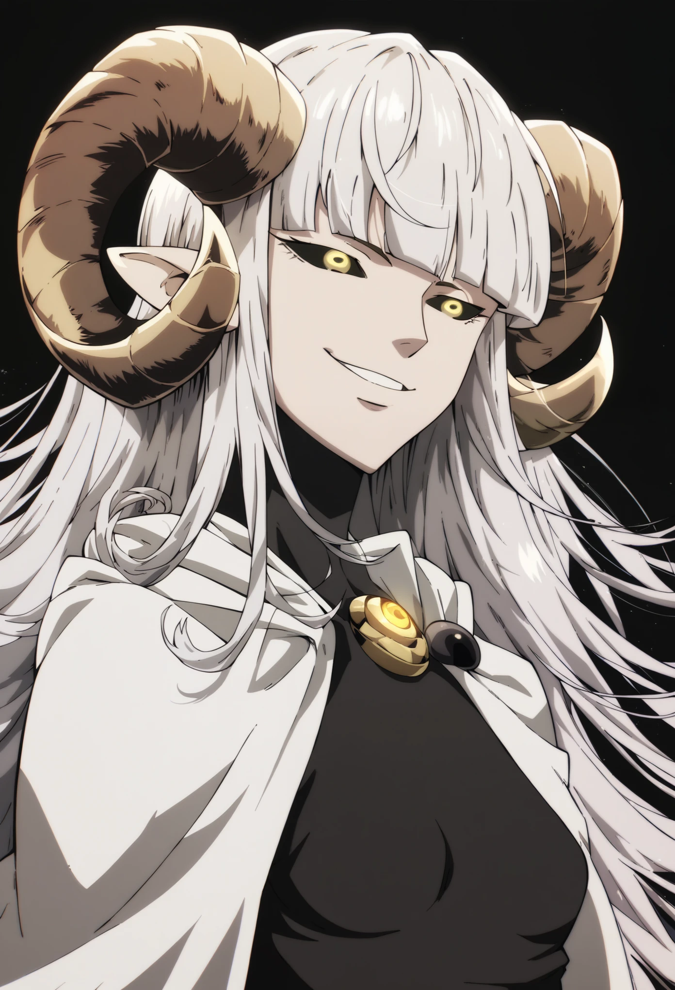 Masterpiece, best quality, score_9, score_8_up, score_7_up, score_6_up, hds style, cel shading, linear hatching, 1girl, solo, curled black horns, white sheep ears, white hair, long hair, hime cut, sheep horns, yellow eyes, (black sclera), evil smile, smug, small breasts, standing, white hooded cultist cloak, hood off, old fashioned, black victorian dress beneath, black background, simple background, upper body, best quality
