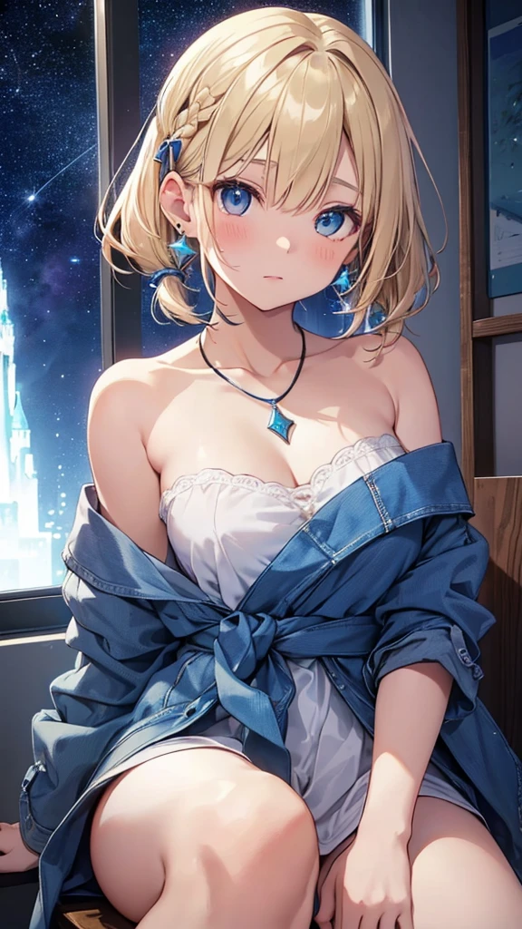absurderes, ultra-detailliert,bright colour, extremely beautiful detailed anime face and eyes,Indoors, gaze at the audience,(You can see the starry sky from the window:1.2),(Relaxed smile:1.4), bow ribbon, window,plant,Chair,Bangs,The table, Clothes, Jacket, Long sleeves, Potted plants, blur, White jacket, Open your stylish bra a little and take a look.:1.3),cups, From the side, feet outside the frame, depth of fields, 25 years old,Short hair, , asymmetrical bangs, Blonde hair with short twin tails, Shiny hair, Delicate beautiful face, red blush、Blue eyes, White skin, hair clips, earrings, a necklace,nighttime scene