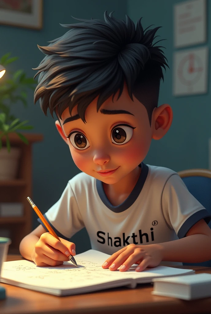 A boy study maths his shirt name is Shakthi