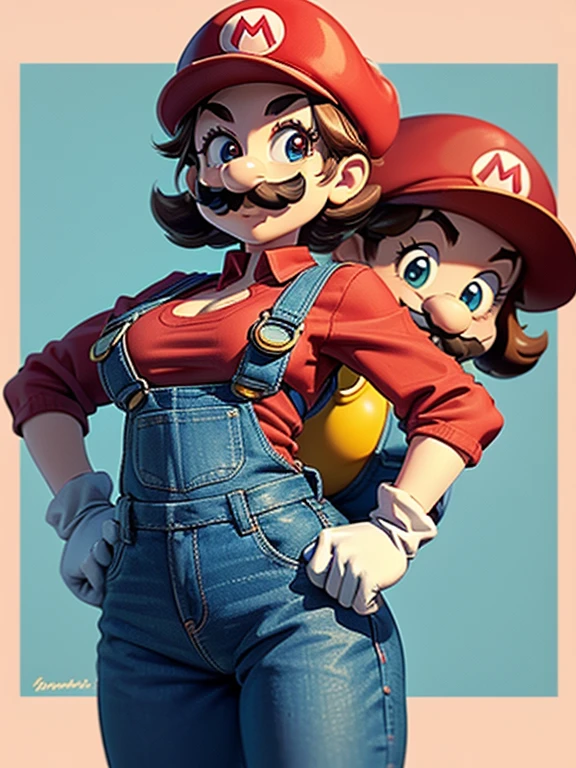 1 girl, (girl cosplaying as Mario, a girl dressed as Mario has brown short bob hair and Brown big eyes:1.4, super cute slightly round face, is wearing Mario's red Casquette, a red shirt, blue overalls, and white gloves), (fake moustaches:1.4, leaning forward to emphasize their Big breasts:1.2), background is the pink Mushroom Kingdom, ((masterpiece, best quality, high resolution))