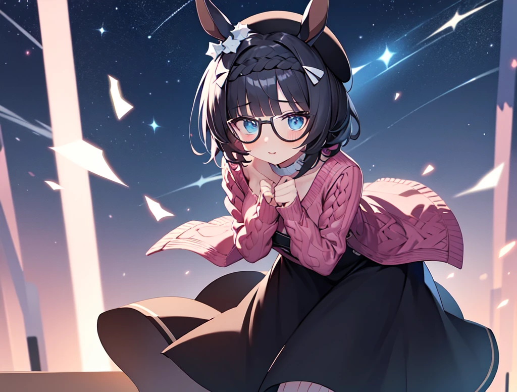 solo、alone、Horse ear woman、Leaning forward、Wearing pink glasses、Pink lipstick、Cheek makeup、(Cable knit sweater)、Knee-high socks、Beret、Night starry sky、Strong winds、Center of chest、shame、Cut-in、anime、uhd、masterpiece、correct、Super detailed、high detail、Awards、Best Quality、High resolution、8k