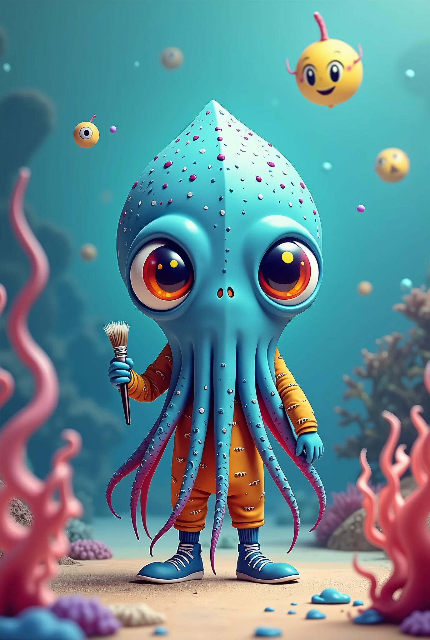 Cute Cthulhu mascot、SeaArt mascot、Stylish squid、Squid dressed as a painter、Artist、(((No mouth or nose:1.5)))、Holding a brush、Colorful legs、Stylish head、(((Small eyes、★Pupil of)))、Blue Head、Wacky sneakers、😀、Martian