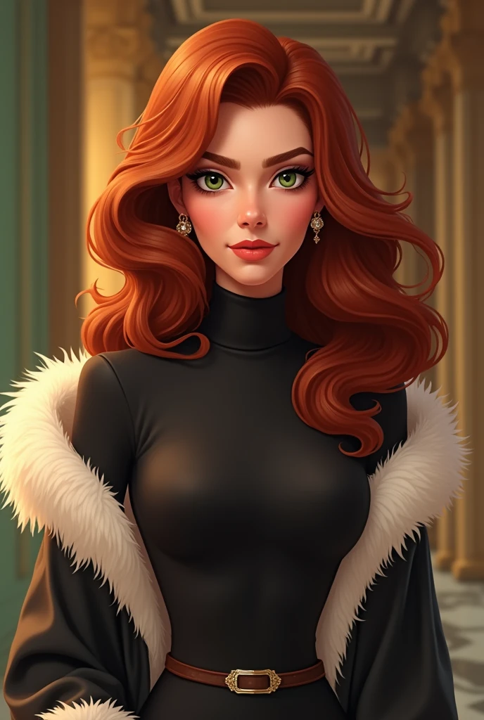 masterpiece, best quality, transistorRed, brown jacket, yellow dress, cleavage, fur trim, black thighhighs, high heels, cowboy shot, looking at viewer, serene smile, hands to hips, piercing gaze, futuristic city <lora:transistorred-nvwls-v1-000010:0.9>
