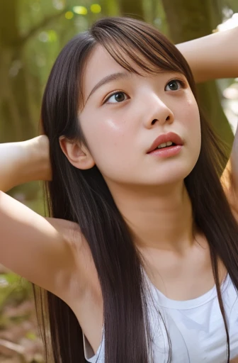 A gorgeous young woman、In the forest（（body odor、Very small breasts:2.5、Sweating all over the body、Greasy hair:2））、（Dark armpits、Raise your arms:1.5）