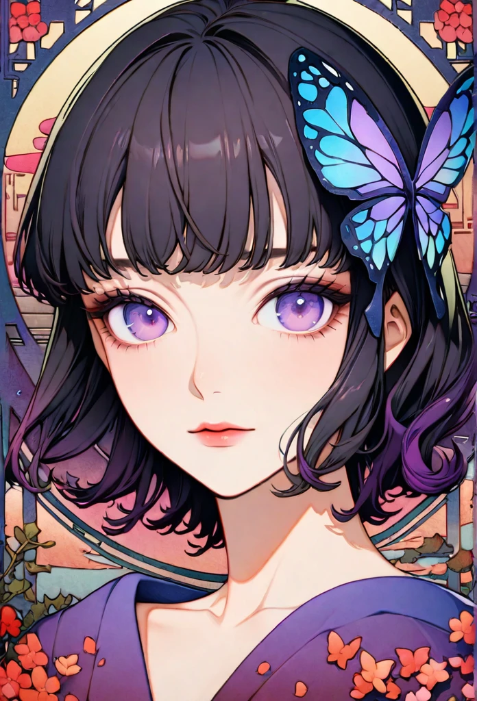 ((best quality)), ((masterpiece)), (detailed), A mesmerizing surreal illustration of a young japanese woman resembling Shinobu Kouchou. She has black hair, (big detailed purple eyes), a butterfly hair ornament, She has a smooth, warm complexion, a visually striking, portrait, Shinobu_Kocho, butterfly_hairpiece, multicolored_hair, purple_hair, black_hair, big breasts, slender, cleavage, surreal, art nouveau, hyperreal, 16k, ultra-detailed, portrait, looking at viewer, topless, hard nipples, shiny skin, 
