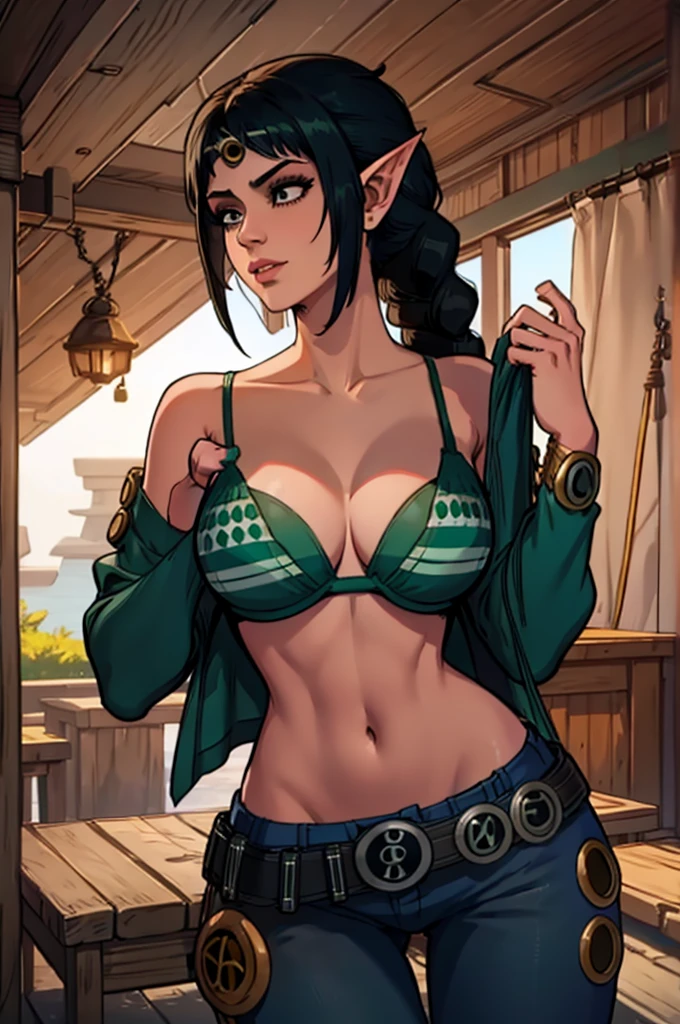 Shadowheart from Baldurs Gate 3, sexy female elf with black hair gathered in a high braid, green bra with white stripe, blue jeans, Nami clothes, Nami cosplay