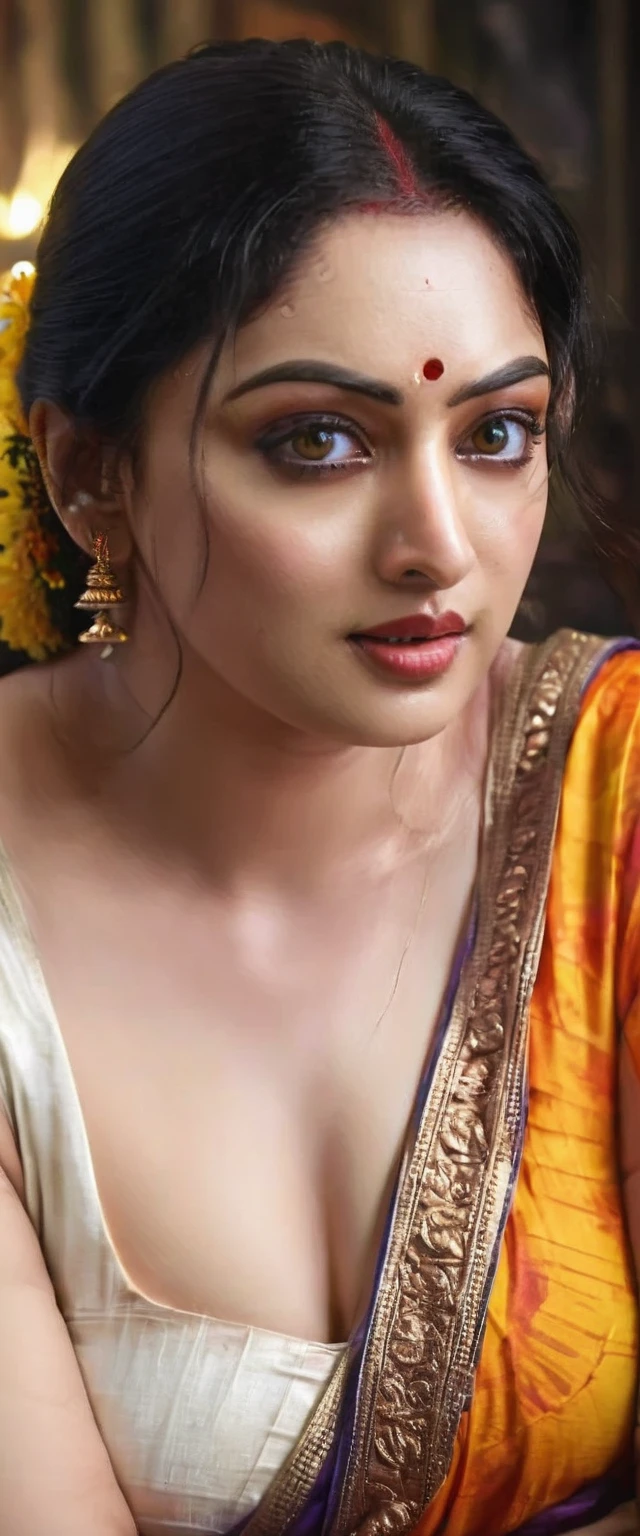 A woman, wearing erotic saree , pale white skin tone ,looking at viewer, sensual pose, dramatic lighting, chiaroscuro, cinematic, dark, haunting, dramatic, moody, high contrast, vivid colors, glowing skin, oil painting, digital art, hyper realistic, photorealistic, best quality, 8k, masterpiece, ultra-detailed,chubby aadi, n1p, ketika , yamig, yami, ketika , sandeepa