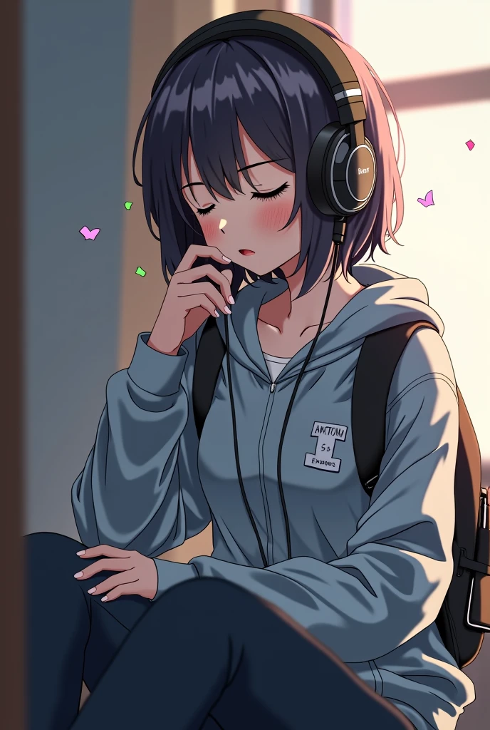 1girl, solo, flat chest, short hair, black hair, , black socks, standing, upper body, looking down, pink sweat shirt, gentle smile on her face ((masterpiece, illustration, best quality)) listening to music, close your eyes, indoors, sofa, headphones、detailed description