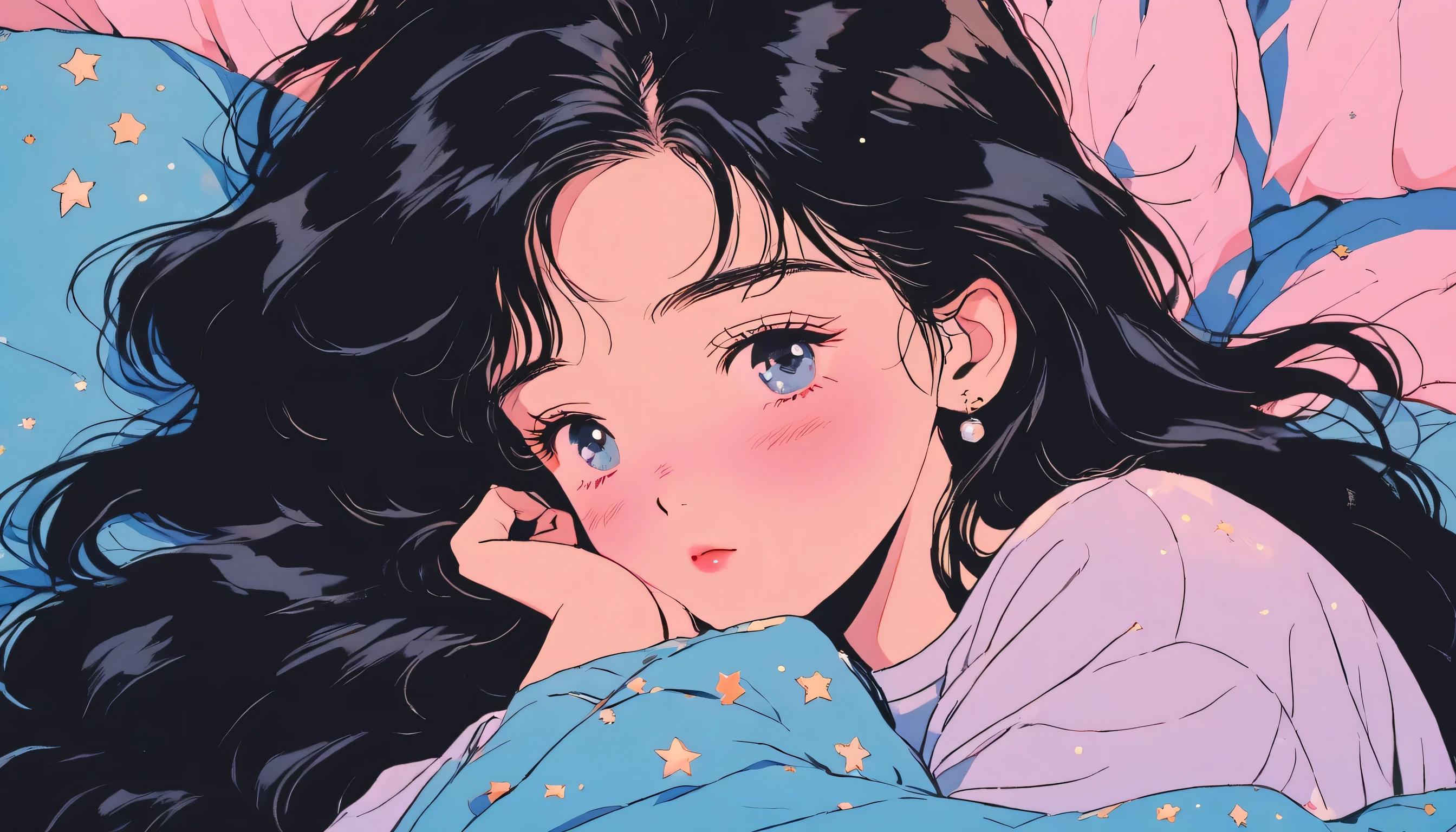 90's anime style, 1990s style, clear, 1980s style, (blush:1.7), the highest quality, 8k, close up, lofi girl, lofi art, lofi feeling, very big eyes, take a nap, a black long hair cute laying on a pillow, closed eyes, solid skyblue background with no other elements except tiny glitters, wearing pajamas, sleep face down