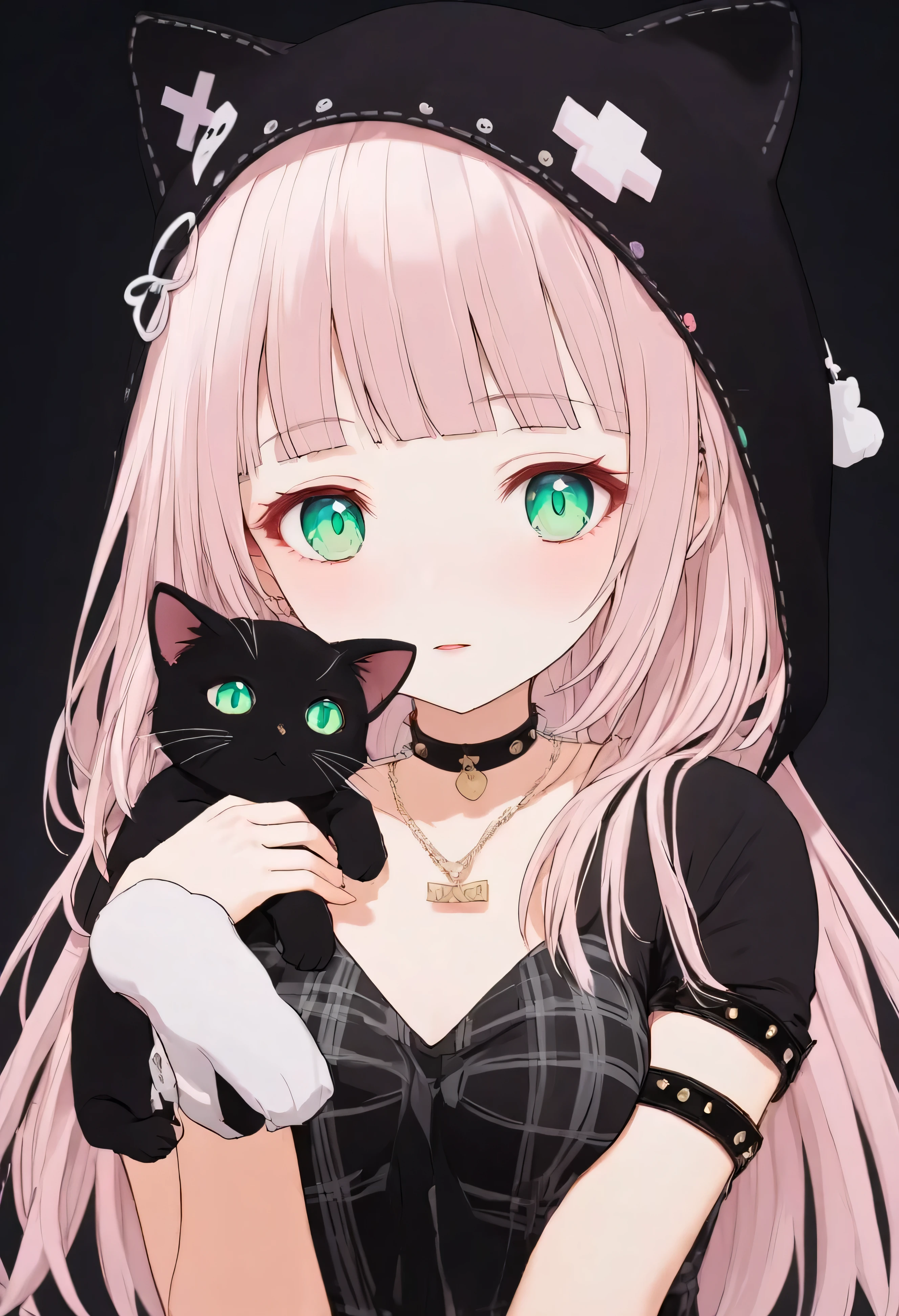 luzao\(EOE\),one girl,solo,{{{{masterpiece}}}}, {{{Super detailed}}}, {{{high resolution}}},(((best quality))),((pearl pink hair,emerald eyes)),{{Extremely detailed and refined}}, {4k CG wallpaper}, {{illustration}},(|Detailed hair|blunt bangs|shiny hair),(full body shot),((summer shirt,plaid skirt)),black cat ear hood,(negative_v2 Color_Balance_Calibration:0.8), DeepNegative_xl_v1, unaestheticXL_bp5