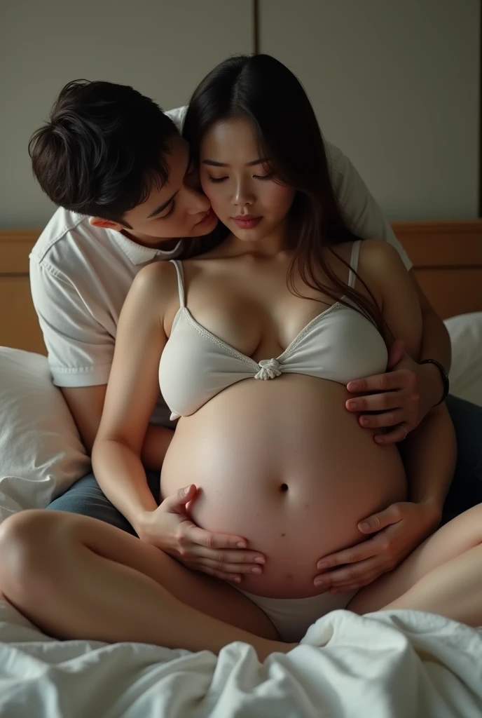 2 persons, pregnant mom of 9 months and his mom, huge tits, young, no clothes, no bra, big breast, black hair, ultra defined quality, big vagina, muscled