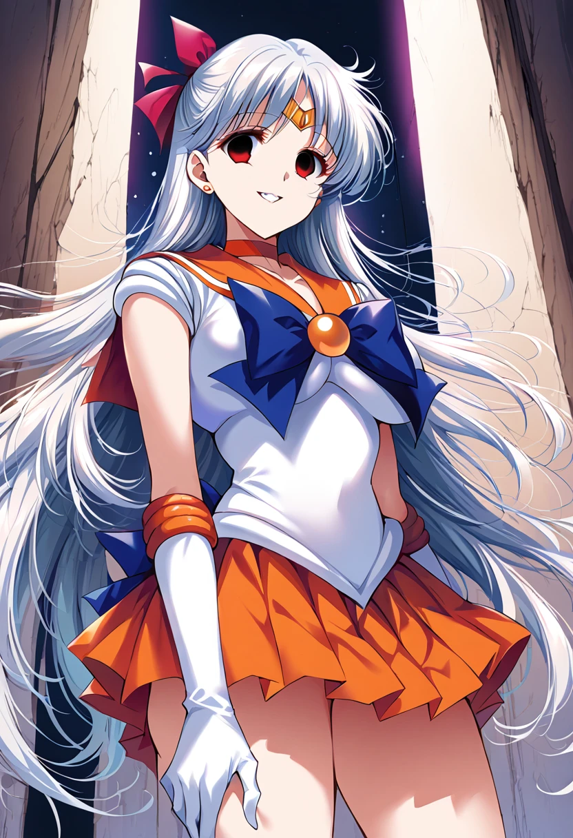 (masterpiece, Highest quality, so beautiful, Very detailed), Intricate details, 12k, Honestly,Awe-inspiring, Long Hair, Blonde, Hair Ribbon, tiara, Earrings, blue eyes, Orange Choker, Orange sailor collar, Blue ribbon, White shirt, Elbow hand pockets, White gloves, Pleated skirt, Orange Skirt, barefoot, Are standing, Cowboy Shot,,(Wicked Smile:1.2), One person,(Silver Hair:1.4),(empty eyes,:1.2),From below,Watching the dawn,dark aura,View your audience,(red eyes:1.2),Big Breasts,Firm breasts 1.2）,Inside the base