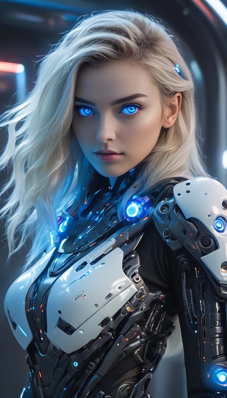 (Best Quality, 4K, 8k, High resolution, masterpiece: 1.2), (Very detailed, Realistic, Realistic:1.37), Futuristic衣装を着た女性, A woman wearing exoskeleton cyber armor, The armor fits snugly、((She has a plasma gun in her hand)), Full body photo, Maximum details, Superior quality through precise drawings, 8k,chest, blue eyes, High resolution, 超High resolution, Best Quality, Shortcuts, Big chest, Cinematic Lighting Effects, Futuristic, blonde, 美しいBlack Hairの女性, blue eyes, Cyberpunk style woman, ((Inside a high-tech spaceship)), High quality images、Black Hair, Shortcuts,