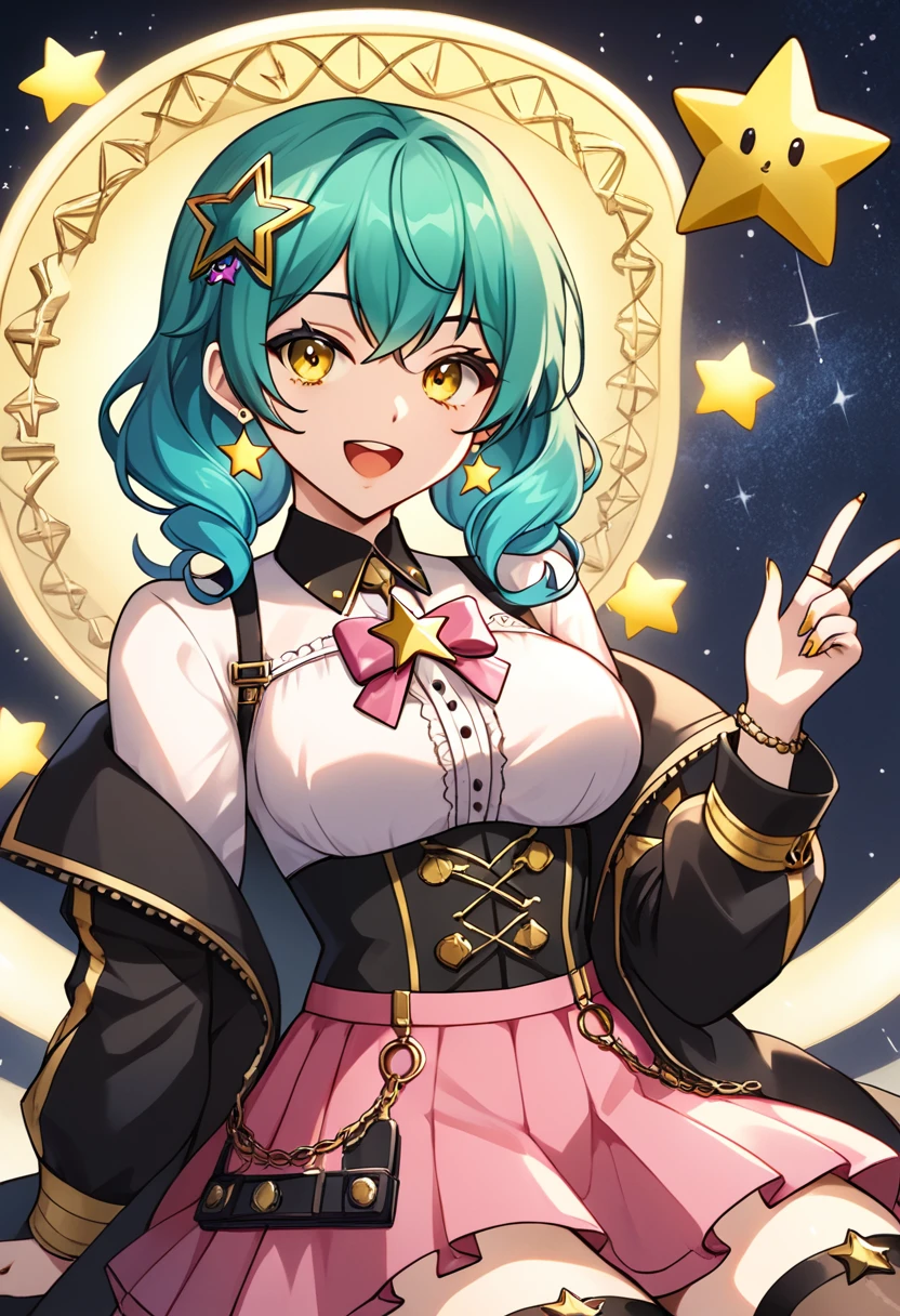 Girl with long dark turquoise hair, yellow eyes, yellow star pin in her head with large, ornate black pink skirts and a lot of lace.