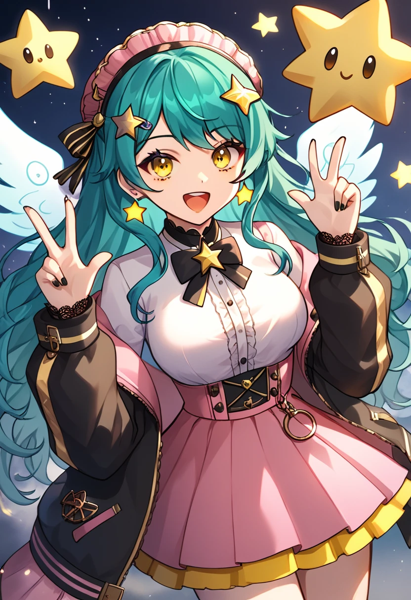 Girl with long dark turquoise hair, yellow eyes, yellow star pin in her head with large, ornate black pink skirts and a lot of lace.