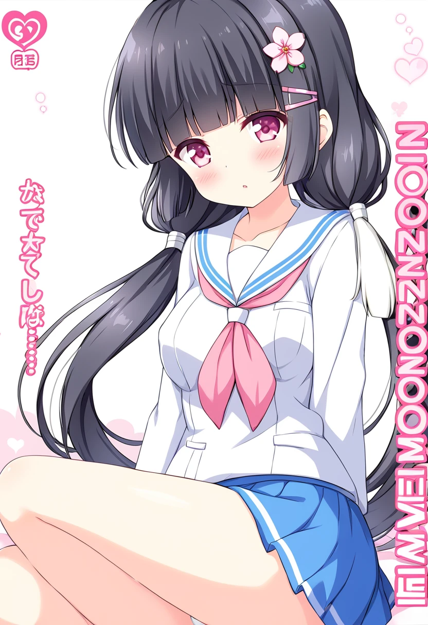 nsfw,((womanを一人だけ描く))、(Alone Girl)、(１woman)、MORIZONOMEI, BLACK HAIR, HAIR FLOWER, HAIRCLIP, BLUNT BANGS, LOW TWINTAILS, HAIR OVER SHOULDER, LONG HAIR, PINK EYES,High image quality、anime、Alone、clear,美しい日本のwoman、Smaller breasts、Beautiful breasts、garden、gardenのベンチに座っている、White long-sleeved sailor suit on the upper body　Navy blue mini skirt on the lower half、She opens her legs a little to reveal her white panties