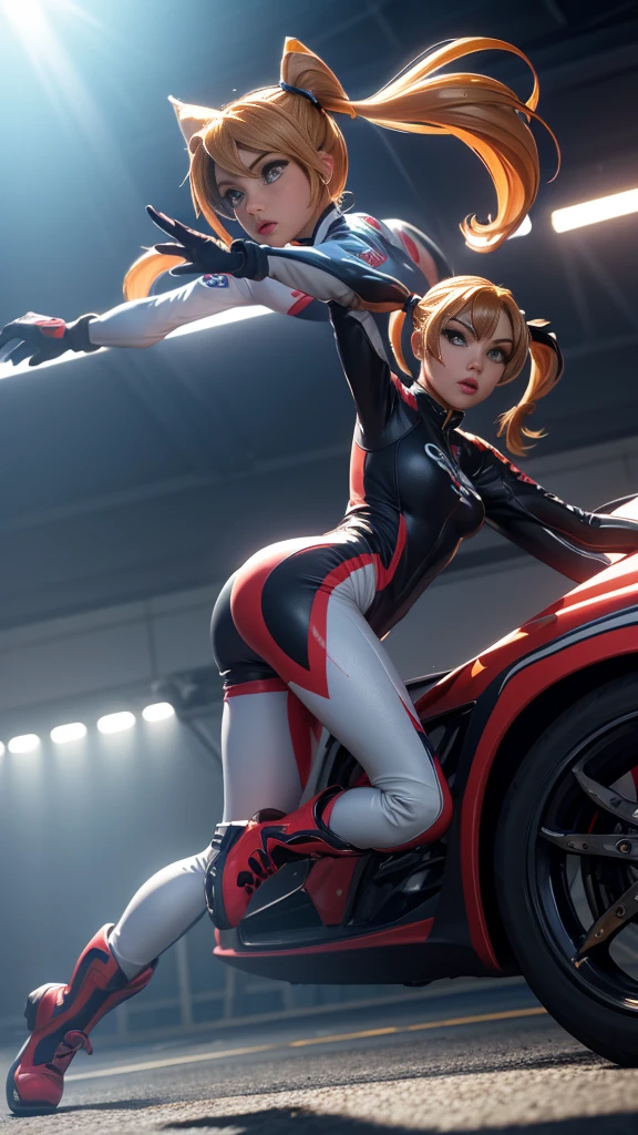 Masterpiece, best quality, high resolution, dynamic lighting, 8k, Beautiful woman, Racing suit, gloves, boots, twintail.