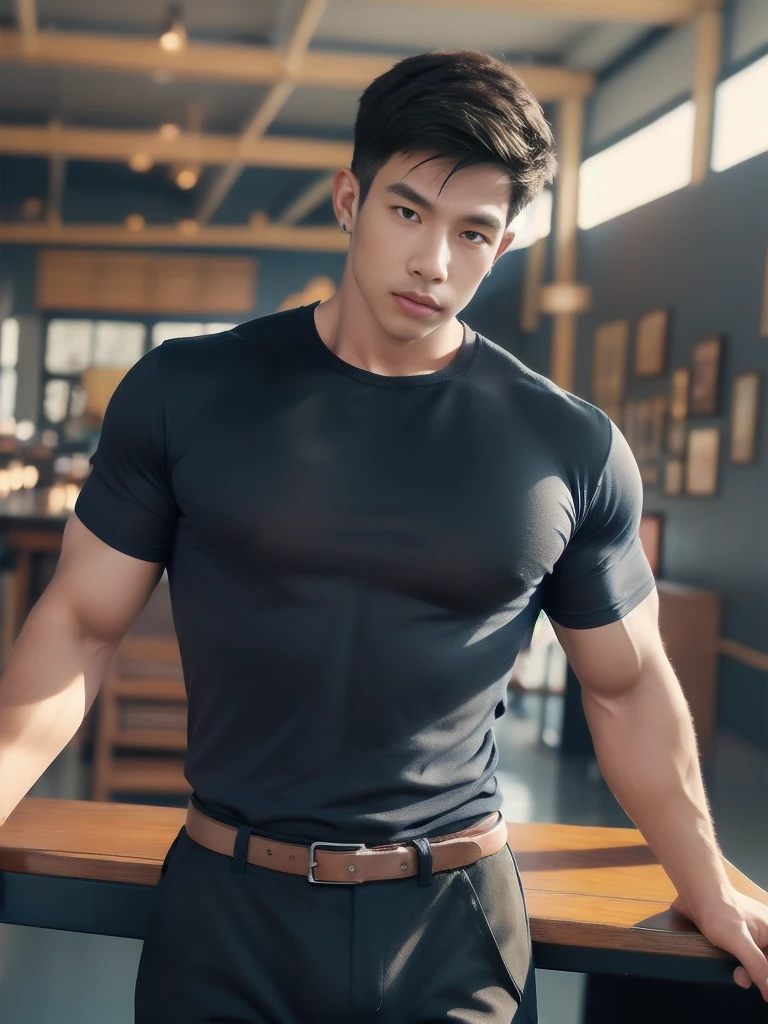 (armface:1.3) , Handsome man standing, (have a mustache:0.8) , (short hair:1.2),(Round neck t-shirt:1.2), (Dark blue shirt:1.2),black pants, Big muscles, Handsome and muscular, full body angle, (Glass on the table:1.1), (Blurred background:1.5)