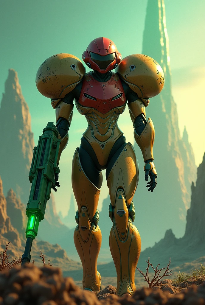 Make Samus Aran from Metroid with a green arm cannon on a photo - SeaArt AI