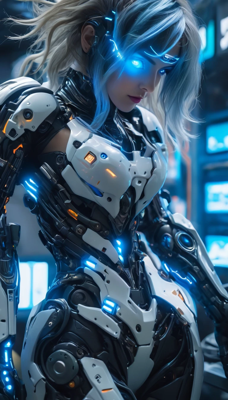 (Best Quality, 4K, 8k, High resolution, masterpiece: 1.2), (Very detailed, Realistic, Realistic:1.37), Futuristic衣装を着た女性, A woman wearing exoskeleton cyber armor, The armor fits snugly、((She has a plasma gun in her hand)), Full body photo, Maximum details, Superior quality through precise drawings, 8k,chest, blue eyes, High resolution, 超High resolution, Best Quality, Shortcuts, Big chest, Cinematic Lighting Effects, Futuristic, blonde, 美しいBlack Hairの女性, blue eyes, Cyberpunk style woman, ((Inside a high-tech spaceship)), High-quality images、Black Hair, Shortcuts,