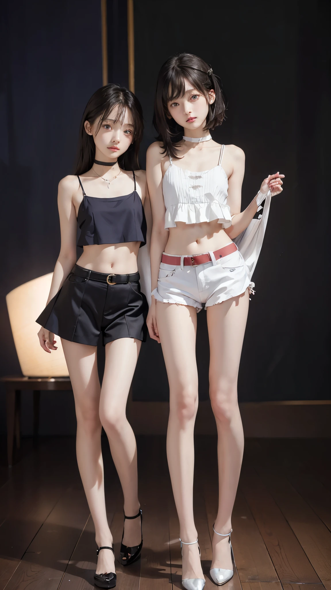 wearing little silk panties, random color panties, Japanese, high school girls, (((flat chest))), (flat chest:1.1), Perfect Face, two girls, Beautiful big eyes, twins, Masterpiece, Best quality, offcial art, Extremely detailed Cg Unity 8K wallpaper, 2 girls, cute female, hair adornments, Crop top, ribbon_choker necklace, leg belt, masterpiece, (((flat chest))), (flat chest:1.1), best quality, A-cup, Small breasts, detailed face, Thin legs, long legs, too long legs, Beautiful face, lovely, Cute twin girls, Long thin legs, thin thighs, High-resolution model, High detail, high quality, Very detailed, Ultra high definition, Textured skin, Anatomically correct, Anatomically correct, Ultra high definition, Very detailed, Textured skin,