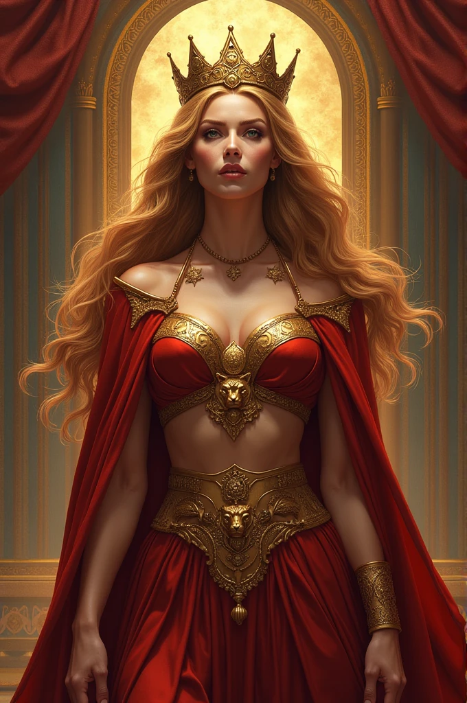 Extremely long straight blonde hair that goes down to my legs, sensual green eyes, red Cambodian princess dress, gold accessories, villainous expression, light makeup, long nails
