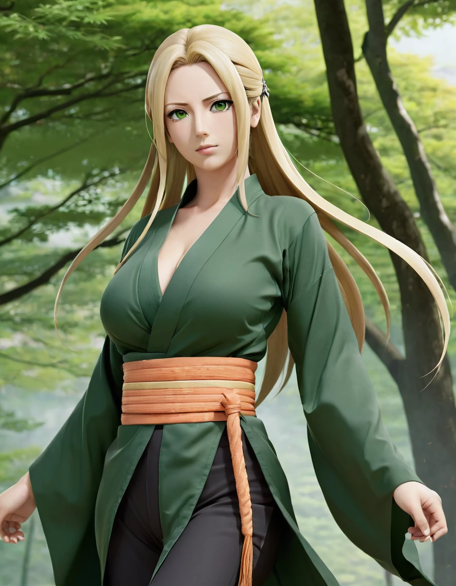 1girl,Tsunade,tsunade (naruto),(green japanese clothes:1.5),blonde hair,facial mark,forehead mark,brown eyes,long hair,jewelry,necklace,kimono,pants,mature female,open clothes,sleeveless,obi,long sleeves,black pants,sexy pose,best quality,masterpiece,illustration,an extremely delicate and beautiful,CG,unity,8k wallpaper,Amazing,finely detail,masterpiece,official art,extremely detailed CG unity 8k wallpaper,incredibly absurdres,huge filesize,ultra-detailed,highres,extremely detailed,beautiful detailed girl,realistic,full frontal,outdoors,light contrast,