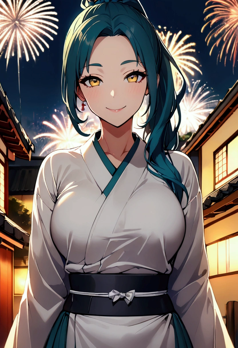 1 girl milf , solo , teal blue ponytail hair ,  yellow lihgt eyes , hot body , At a firework celebration in traditional Japanese dress on a building while fireworks are exploding in the sky, he looks at the viewer and smiles, his yellow eyes are shining.